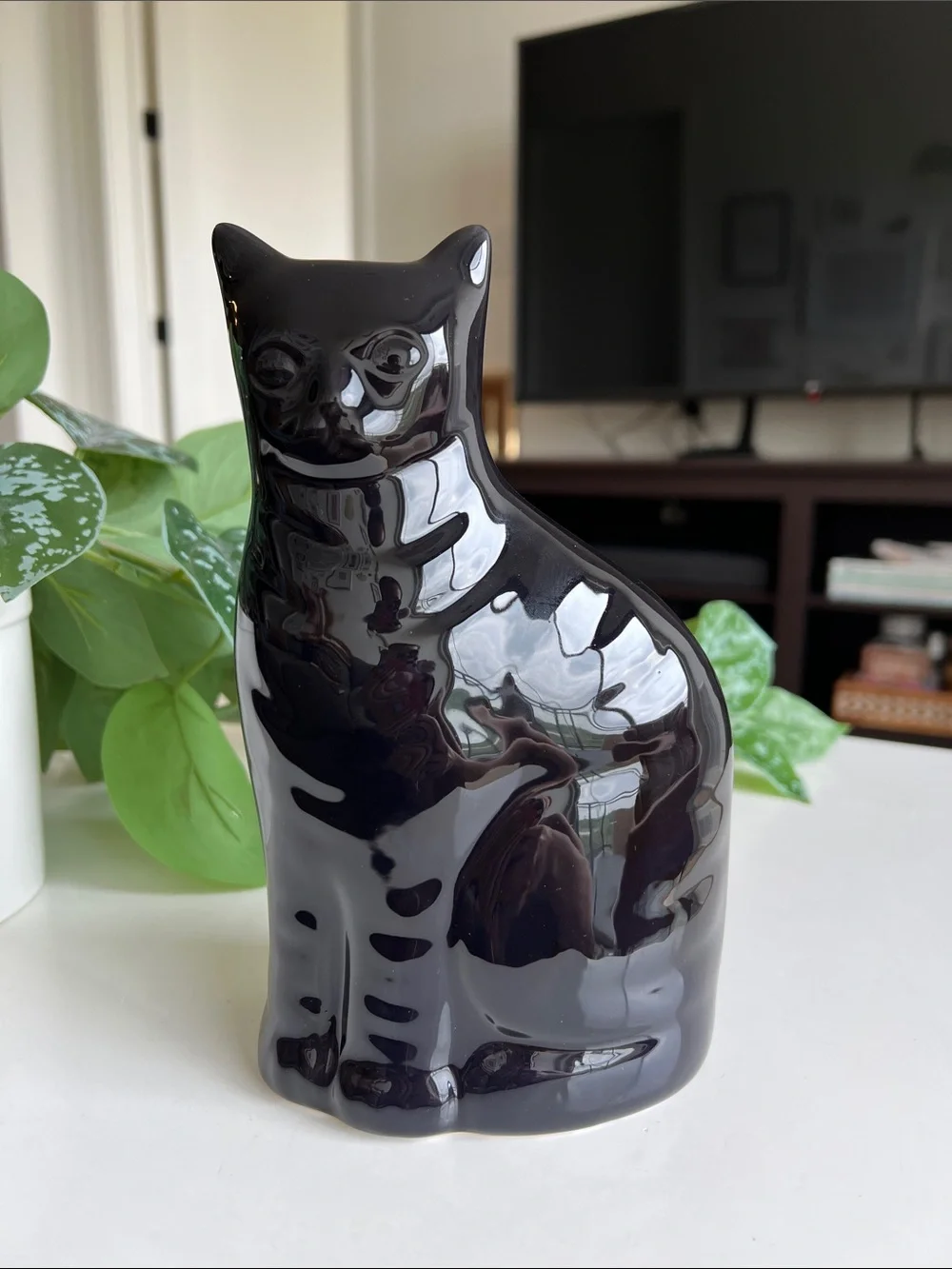 Vintage 80s Enesco Glossy Ceramic Black Cat Decor